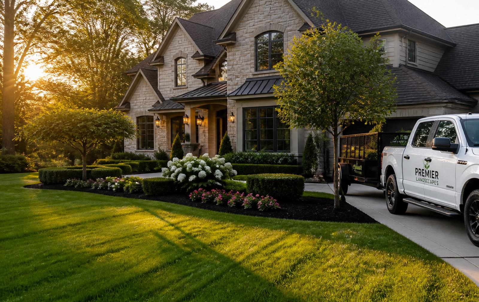 Beautifully landscaped Waukesha County home with Lo Property Services work truck and trailer